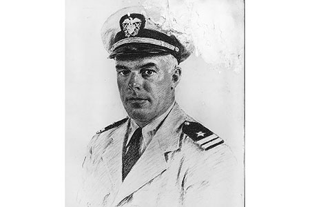 A portrait of Curtis Hutton in his World War II naval uniform
